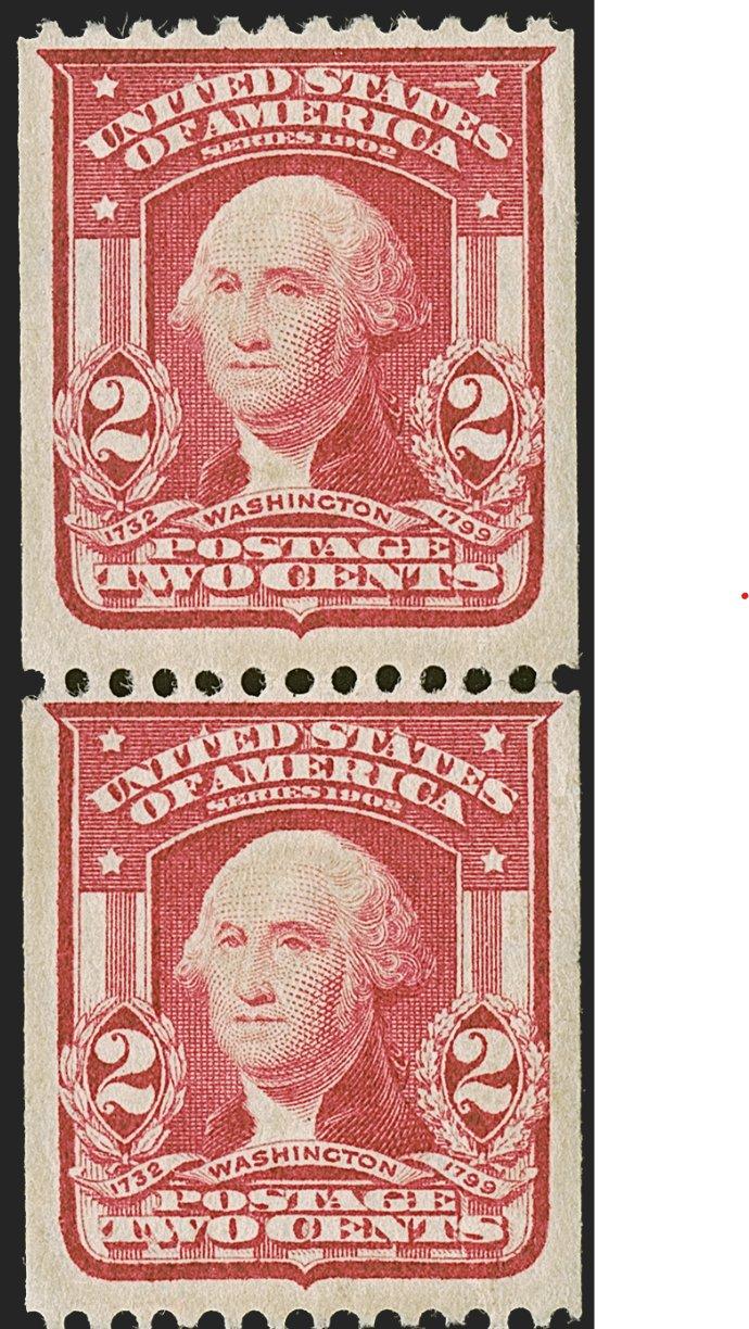 1908-Horizontal perf pair of coil stamps. Distinguishable fo