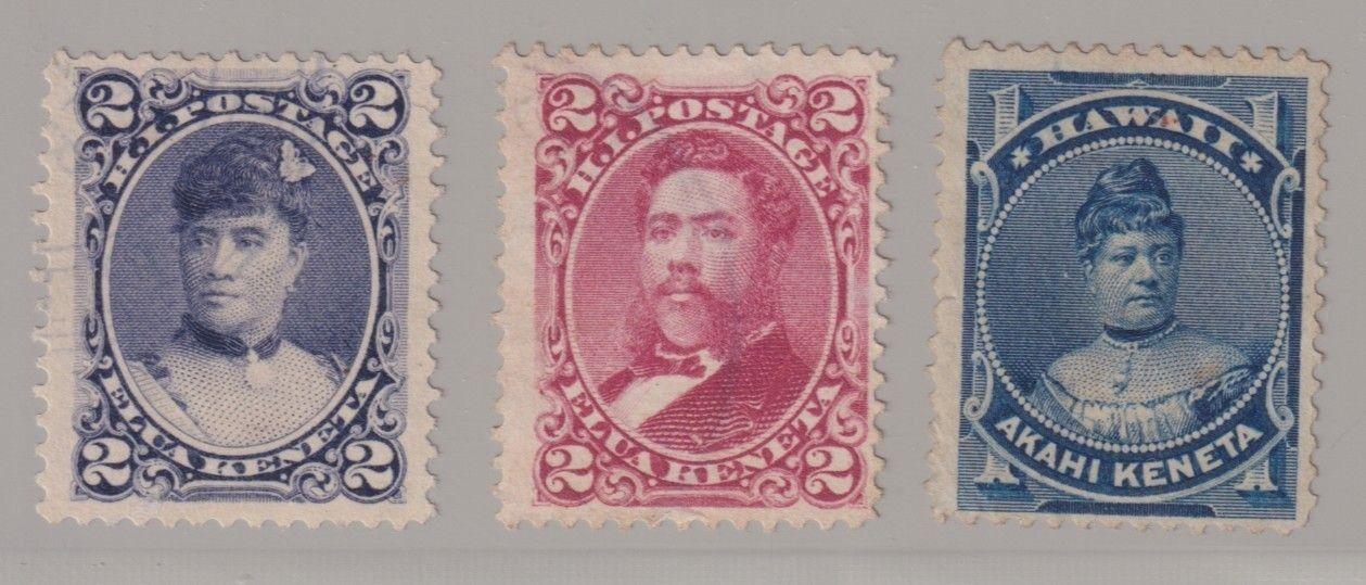 1882-91 Hawaii Kingdom Trio 2c & 1c Royalty Portraits Lightly Used and MNG