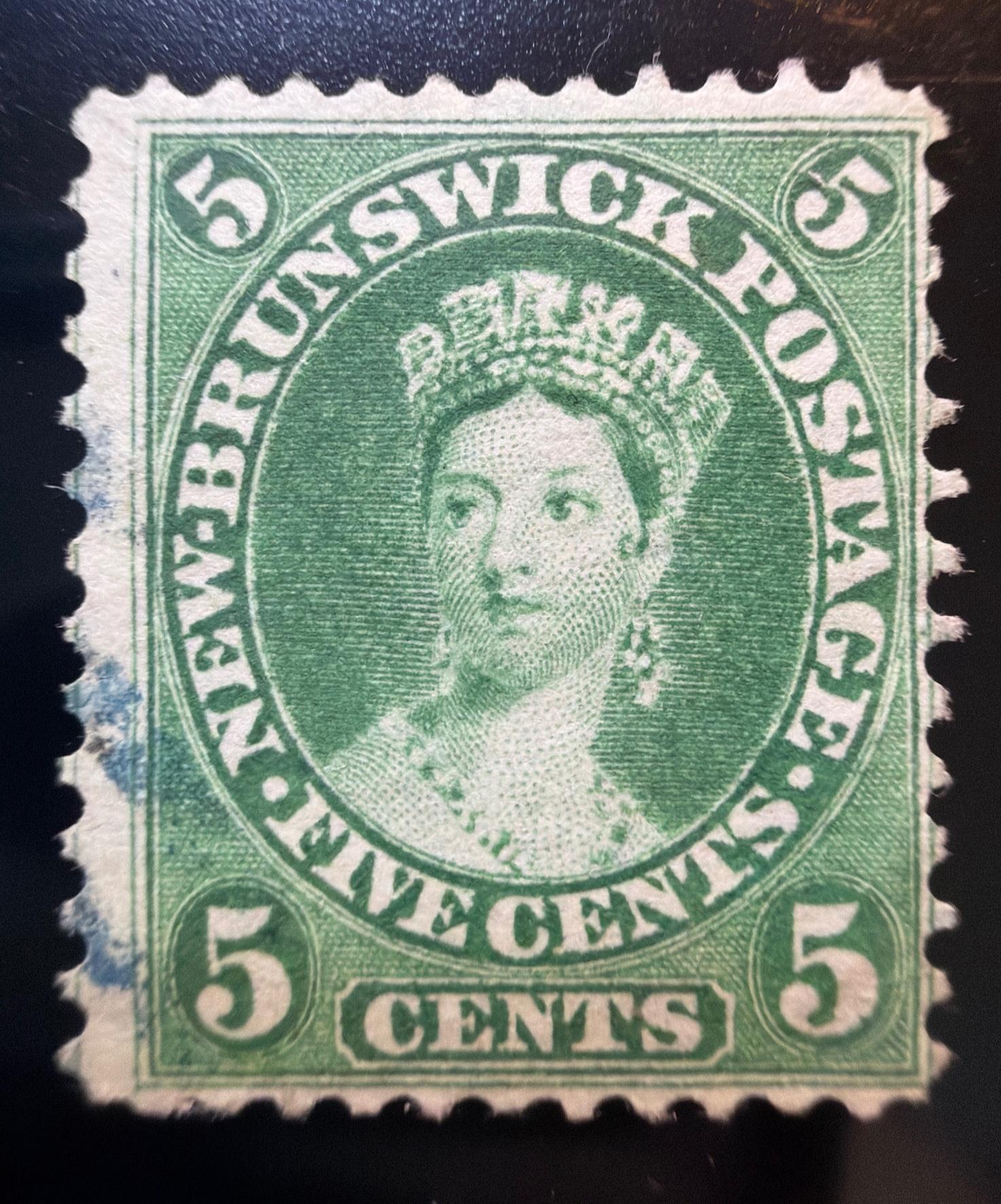 1860 New Brunswick 5c Yellow-Green Queen Victoria Scott #9 Used